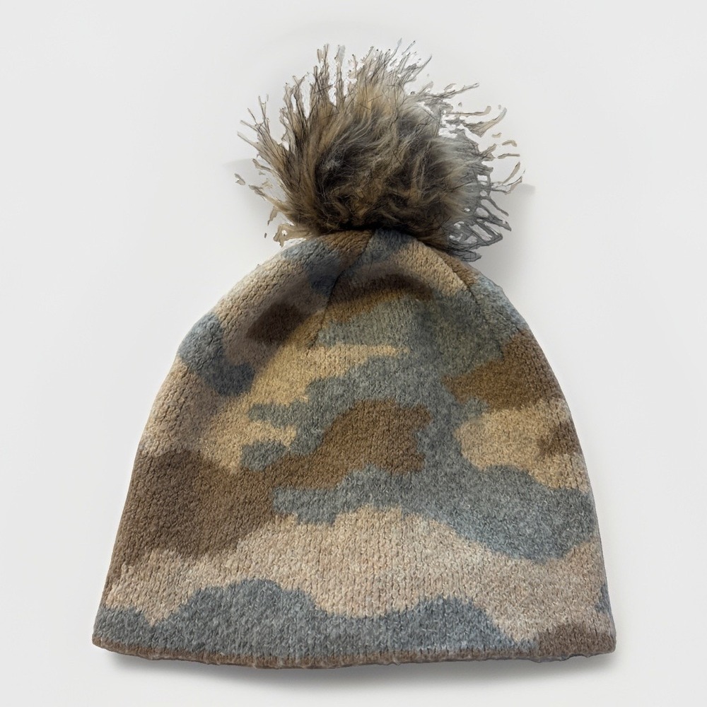 Christian Siriano Womens Camo Knit Beanie Cap Hat Faux Fur Pom Pom Tan Blue OS